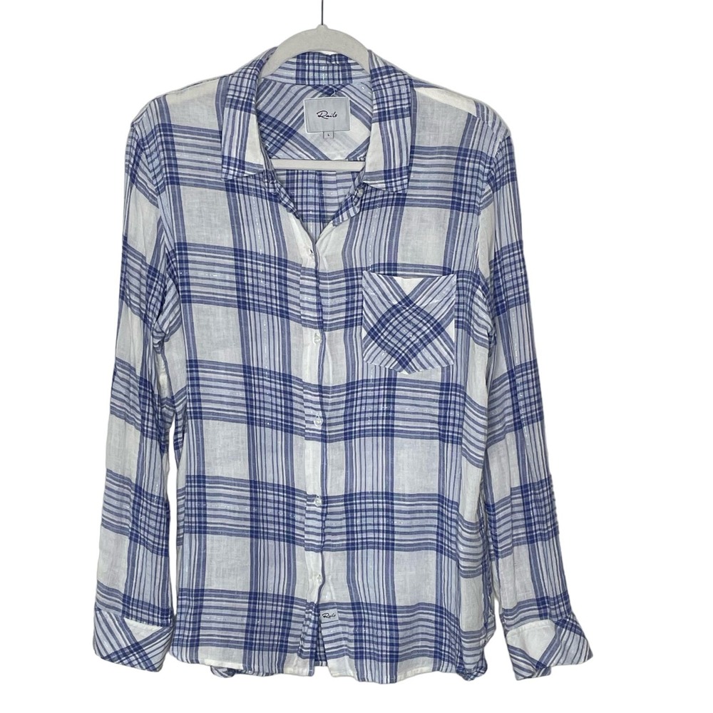Rails Linen Blend Charli Lilac Power Blue Plaid Button Down shirt sz. L #YY